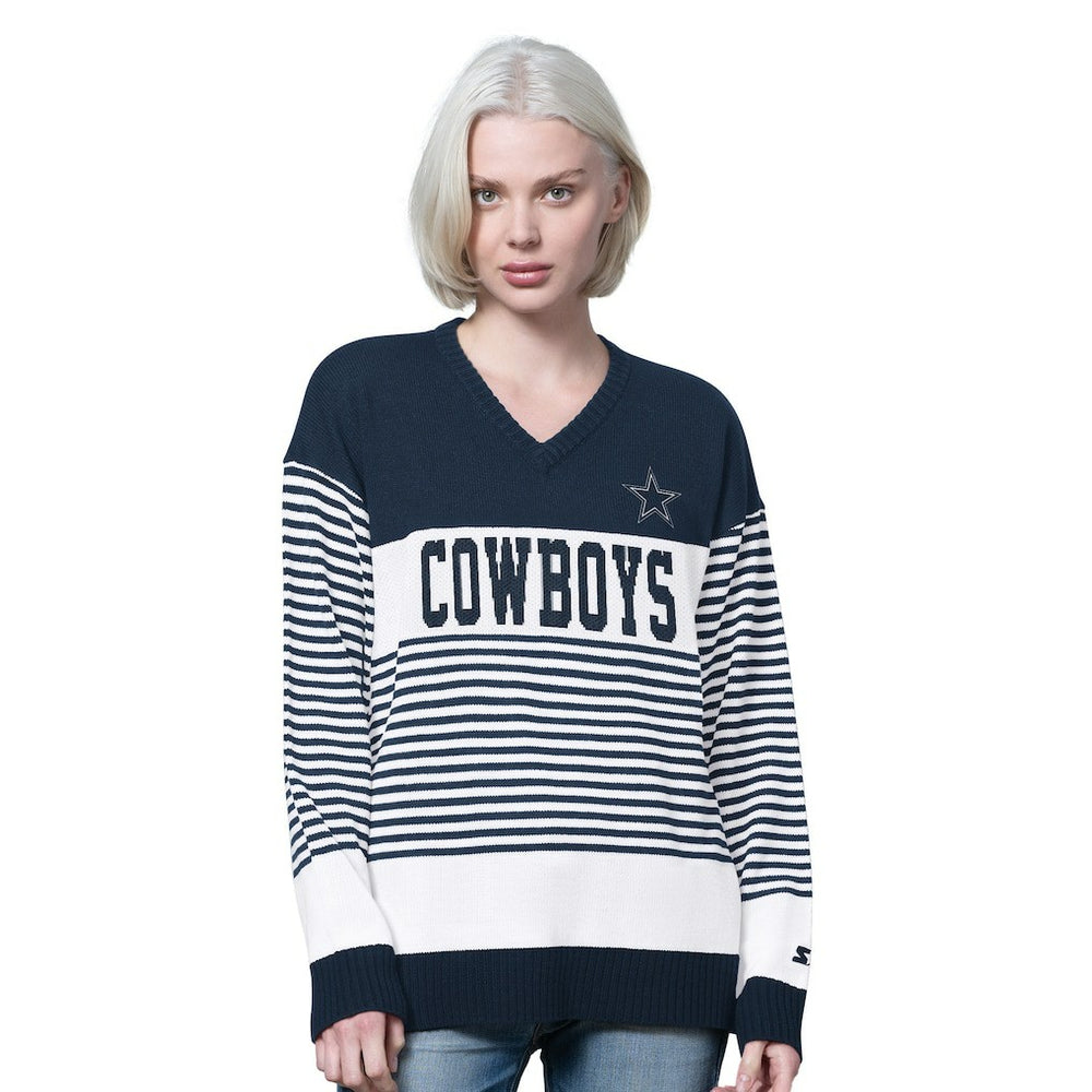 Dallas Cowboys Starter Women's No Huddle Striped V-Neck Sweater Navy - NFL