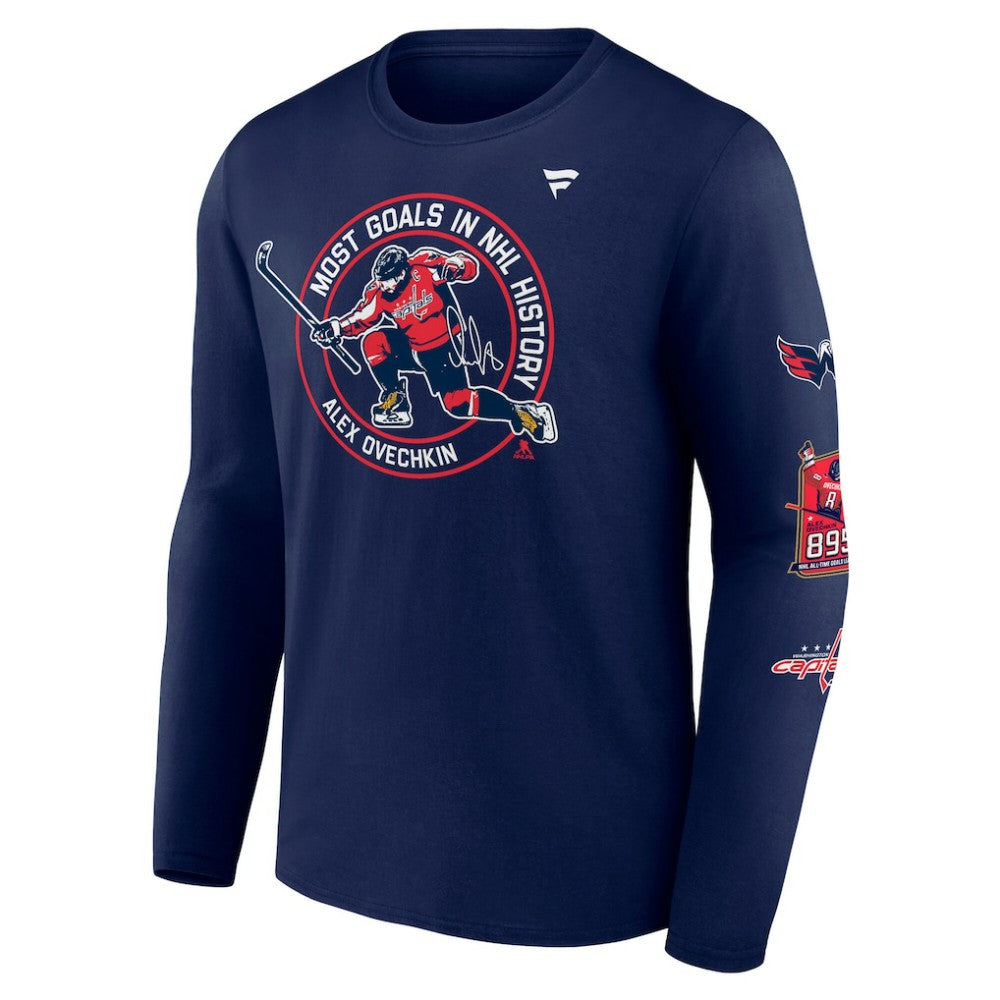 Alexander Ovechkin Washington Capitals Fanatics NHL All-Time Leading Goal Scorer Badges Long Sleeve T-Shirt Athletic Navy