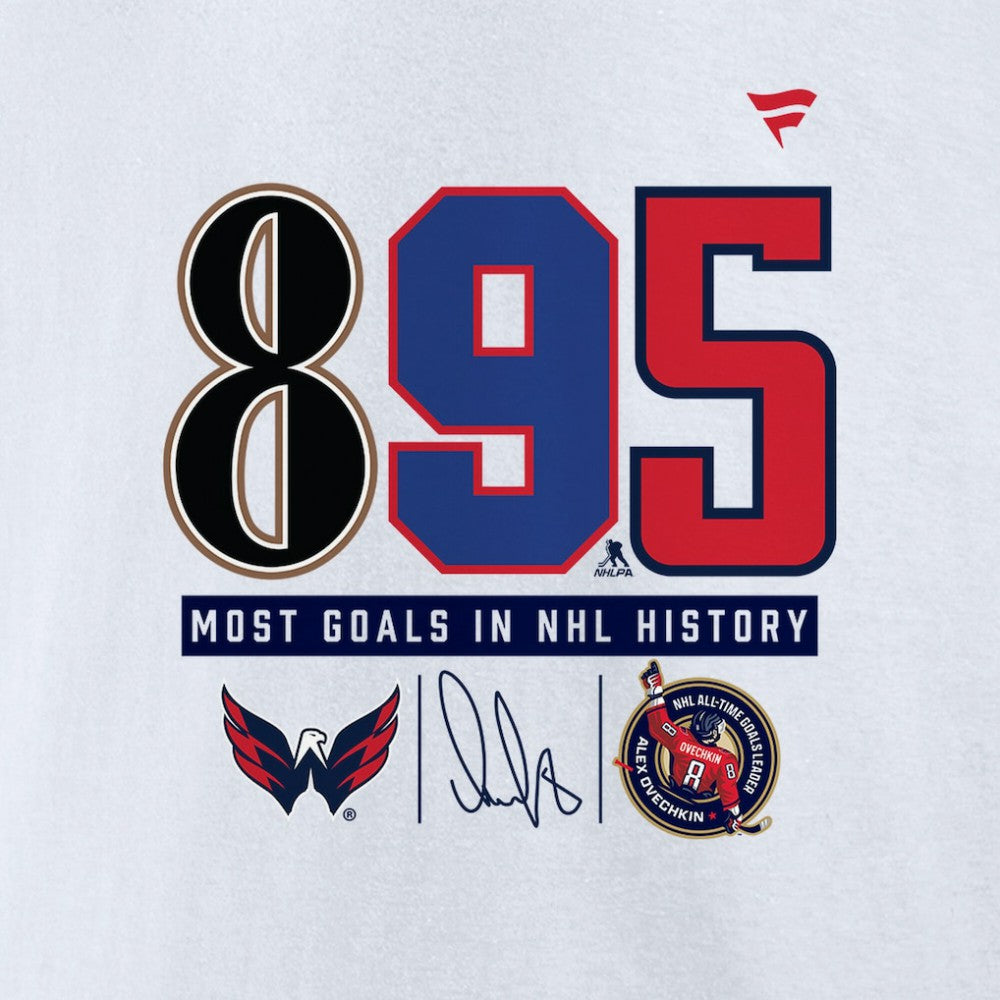 Alexander Ovechkin Washington Capitals Fanatics NHL All-Time Leading Goal Scorer The History of 895 T-Shirt White
