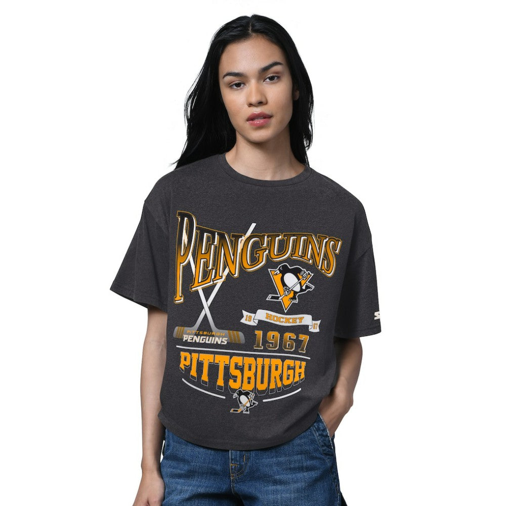 Pittsburgh Penguins Starter Women's Oversized Hall of Fame T-Shirt Heather Black