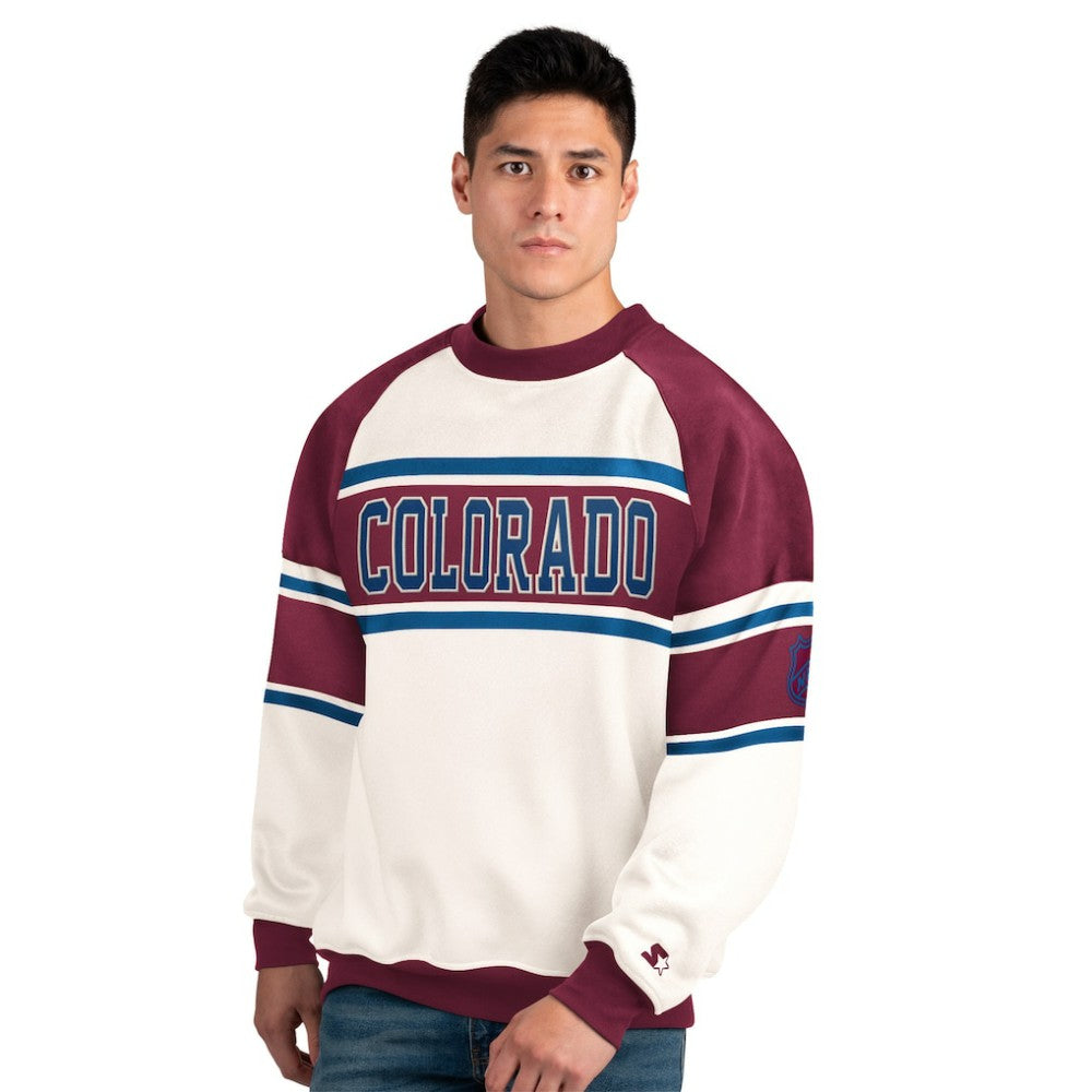 Colorado Avalanche - Starter Male Adult Defense Fleece Crewneck Sweatshirt White