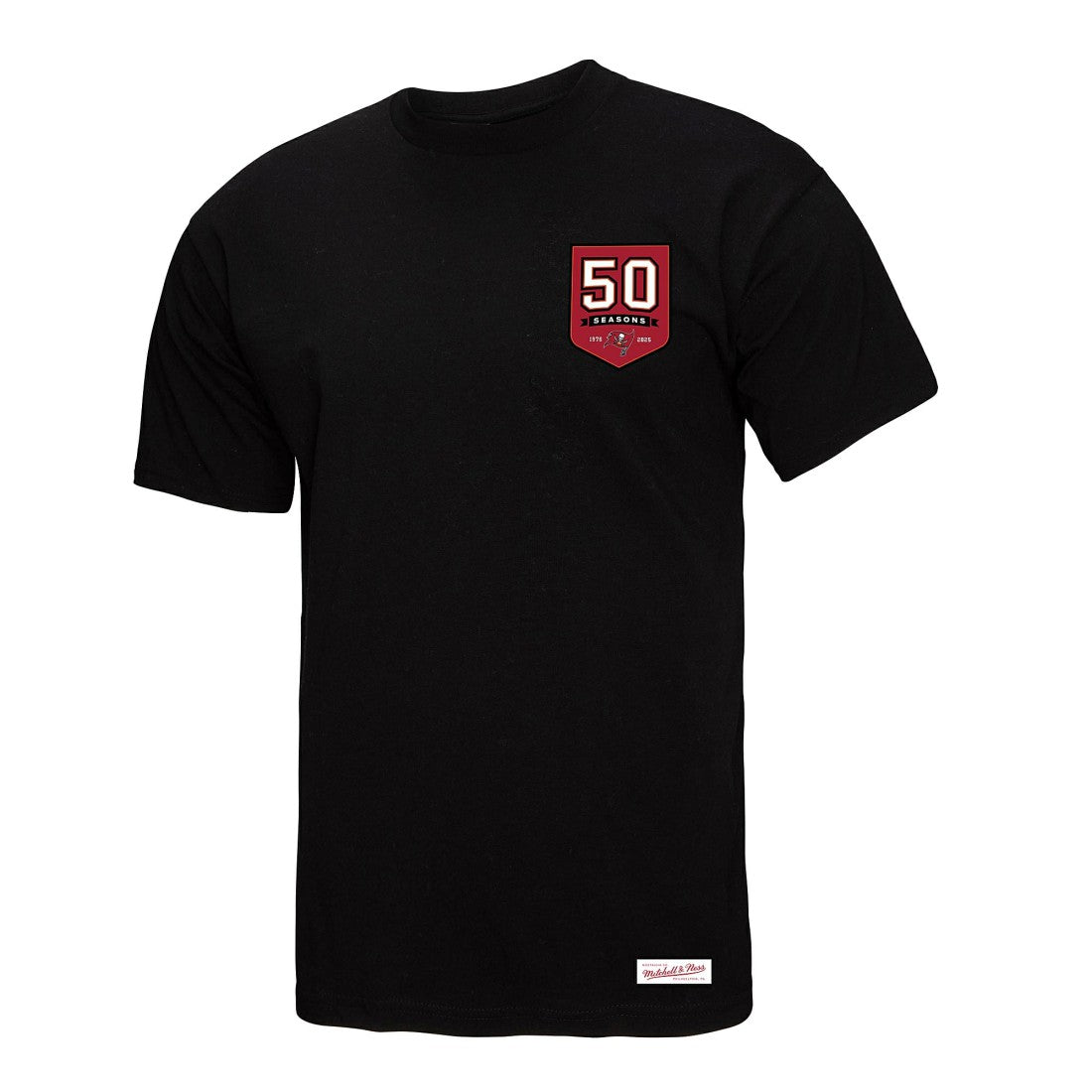 Tampa Bay Buccaneers Women's 50th Anniversary Shield Oversized Boyfriend T-Shirt Black - Mitchell & Ness