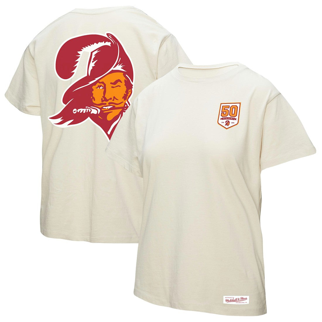 Tampa Bay Buccaneers Women's 50th Season Pirate Oversized Boyfriend T-Shirt Cream - Mitchell & Ness