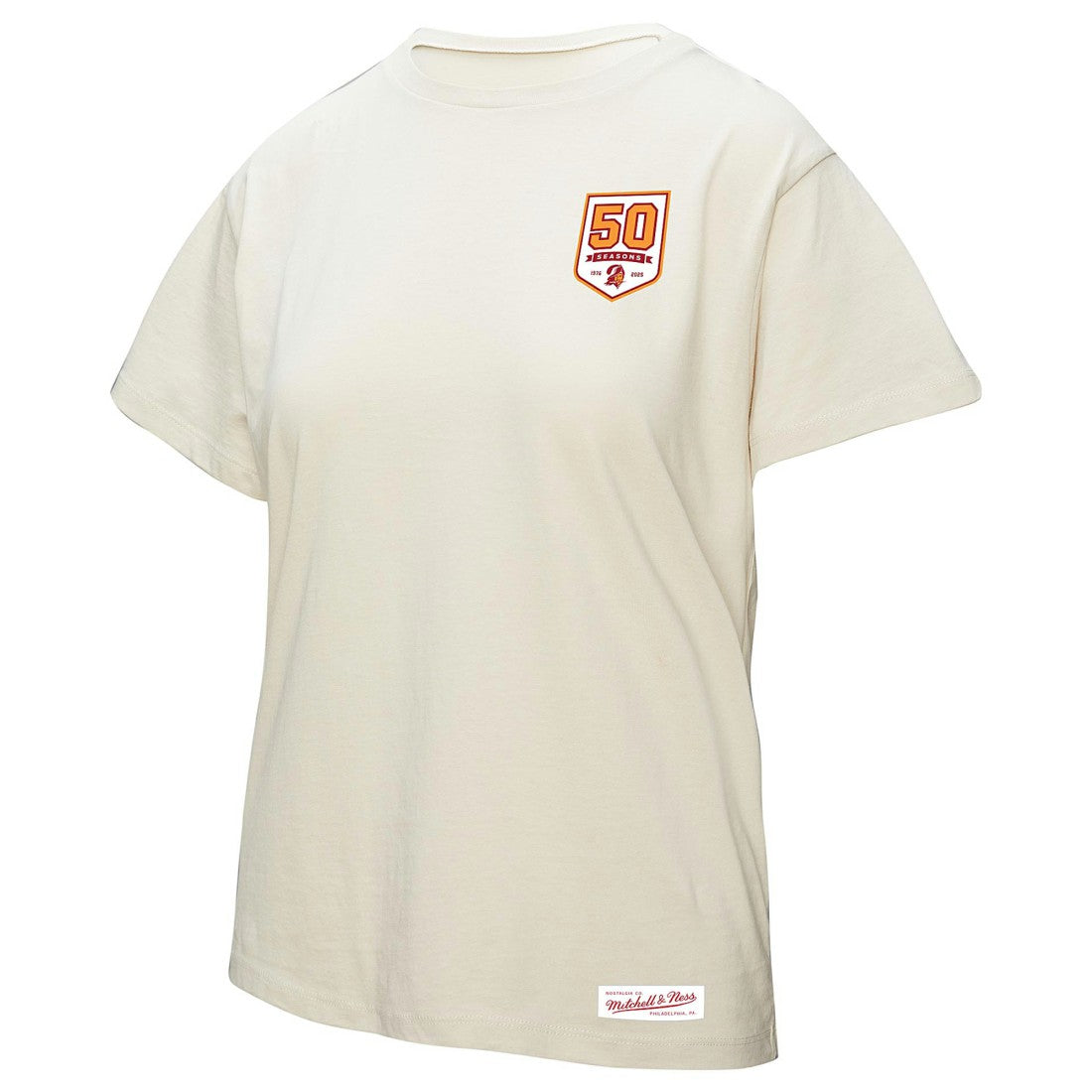 Tampa Bay Buccaneers Women's 50th Season Pirate Oversized Boyfriend T-Shirt Cream - Mitchell & Ness