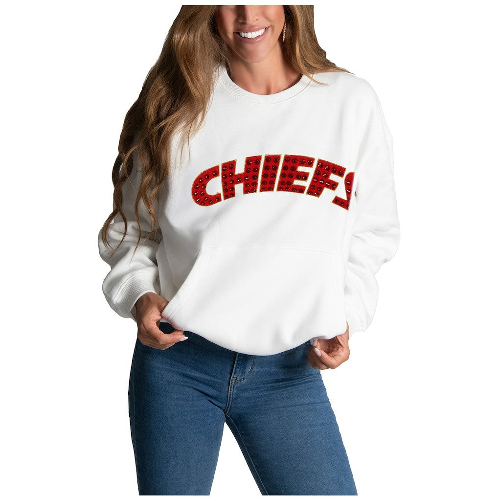 Kansas City Chiefs Cuce Women's Chenille Jeweled Sweatshirt White - NFL