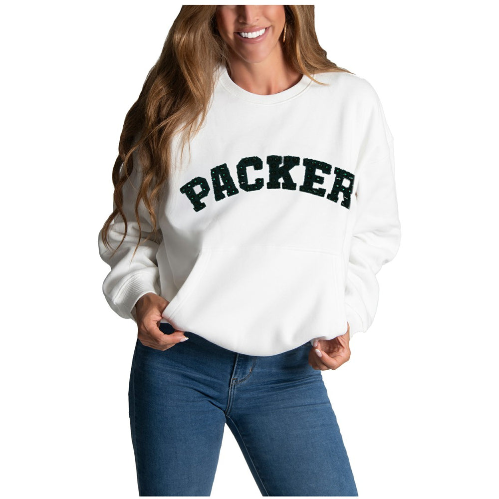 Green Bay Packers Cuce Women's Chenille Jeweled Sweatshirt White - NFL