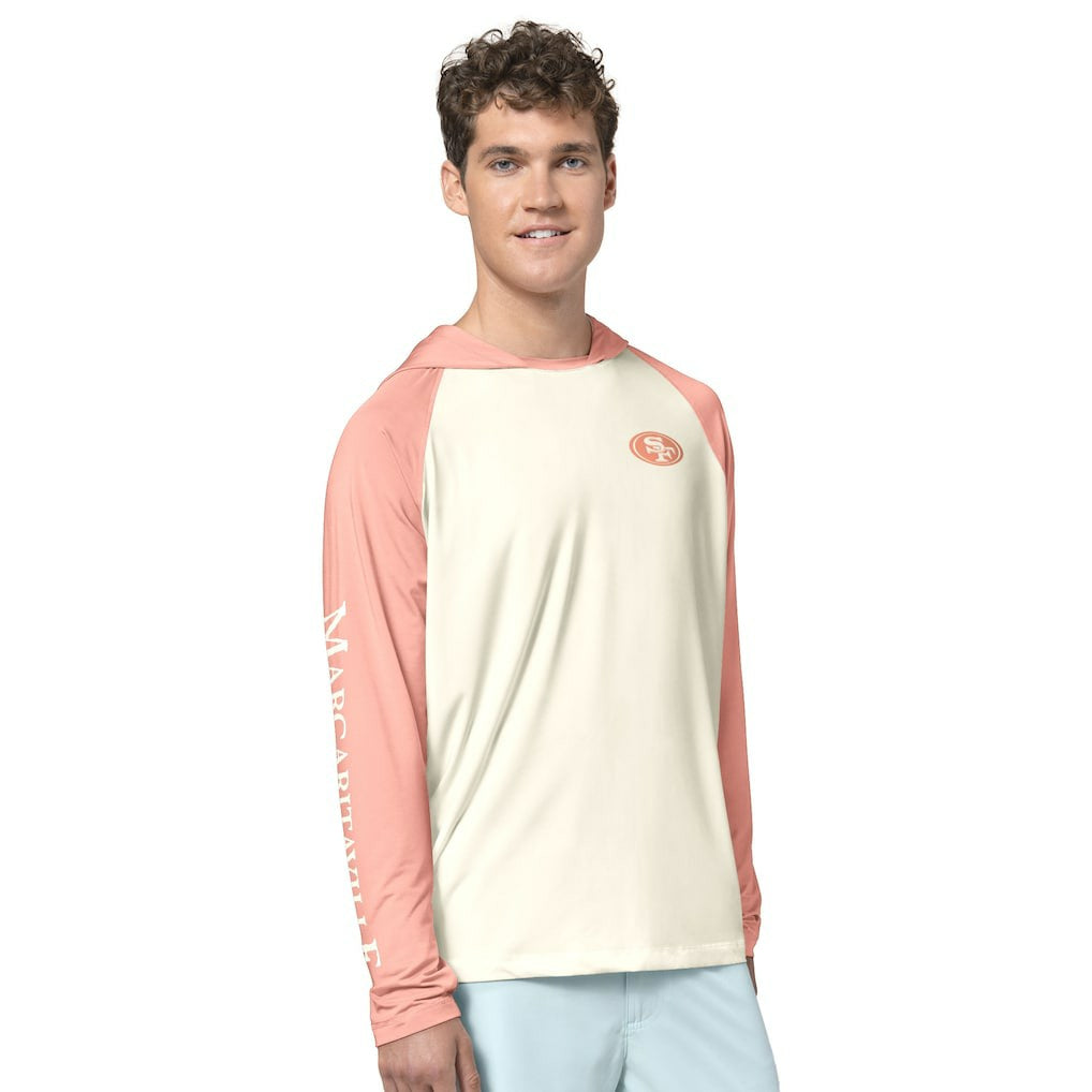 San Francisco 49ers Margaritaville Sand, Sea, Sunsets Long-Sleeve Rashguard Hoodie Pullover -Cream/Amber - NFL