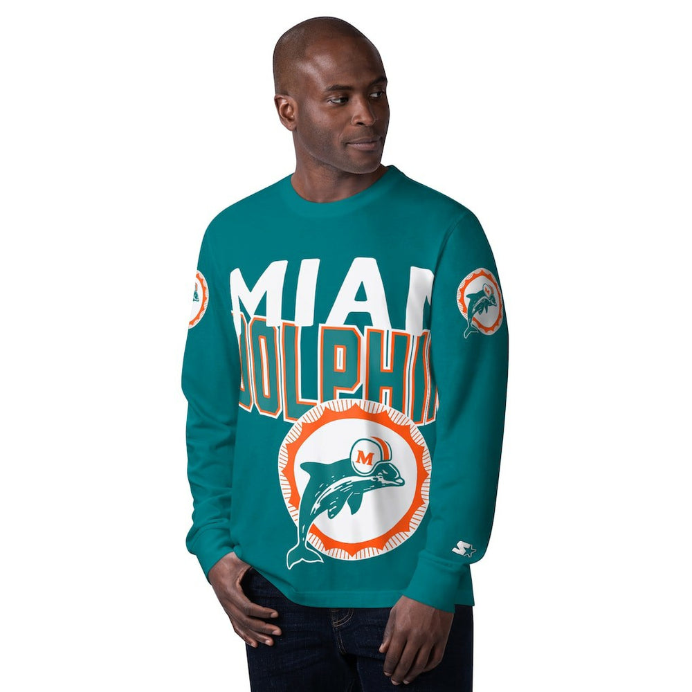 Miami Dolphins Starter Extreme Clutch Hit Vintage Logo Long Sleeve T-Shirt Aqua - NFL