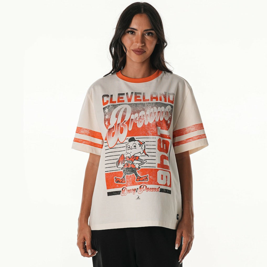 Cleveland Browns The Wild Collective Women's Vintage Drop Shoulder Oversized Boyfriend T-Shirt Cream - NFL
