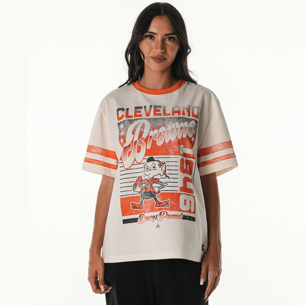 Cleveland Browns The Wild Collective Women's Vintage Drop Shoulder Oversized Boyfriend T-Shirt Cream - NFL
