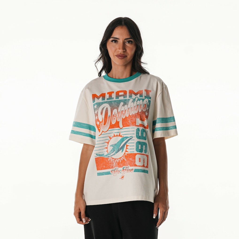 Miami Dolphins The Wild Collective Women's Vintage Drop Shoulder Oversized Boyfriend T-Shirt Cream - NFL