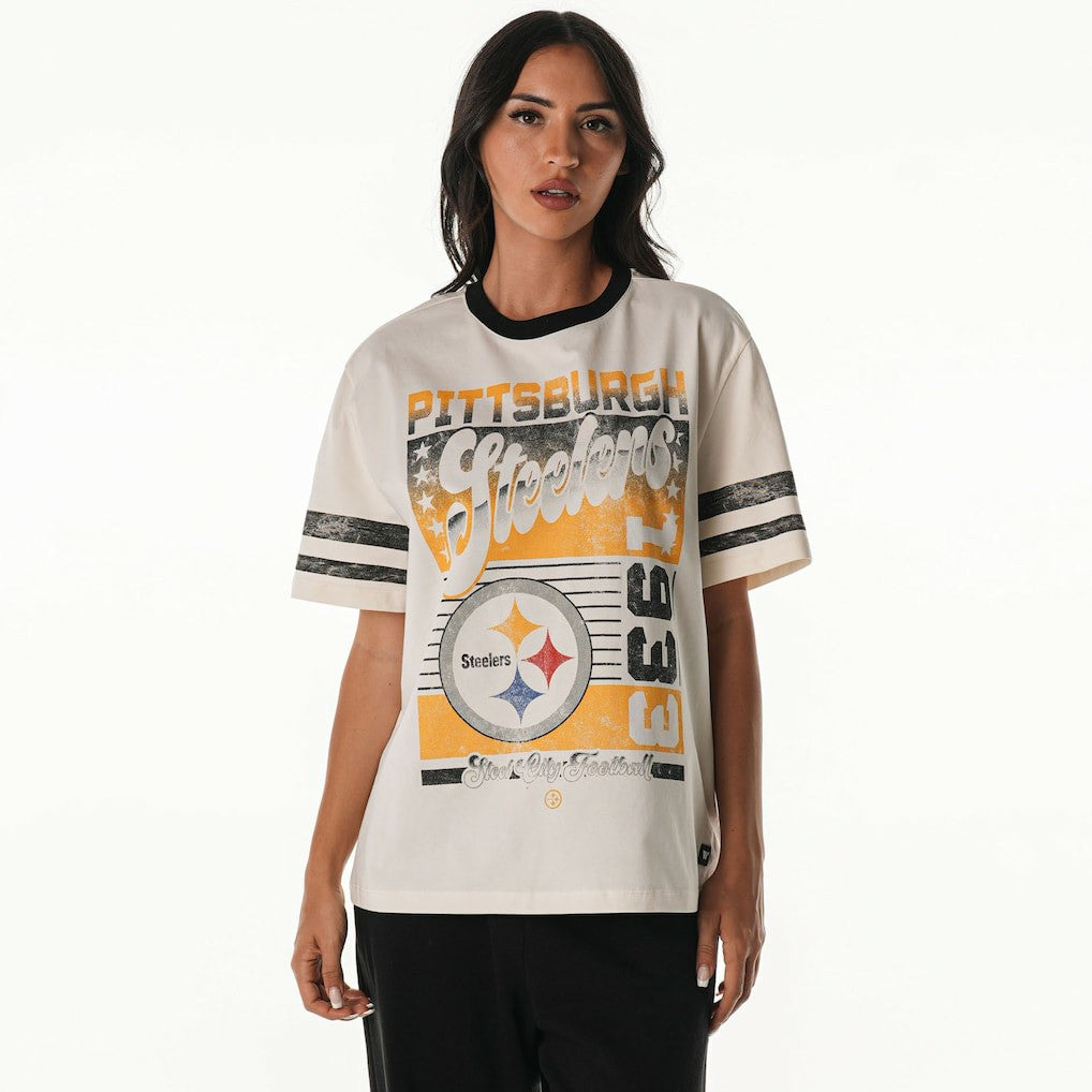 Pittsburgh Steelers The Wild Collective Women's Vintage Drop Shoulder Oversized Boyfriend T-Shirt Cream - NFL