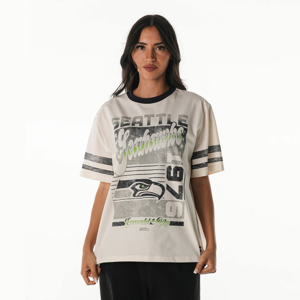 Seattle Seahawks The Wild Collective Women's Vintage Drop Shoulder Oversized Boyfriend T-Shirt Cream - NFL