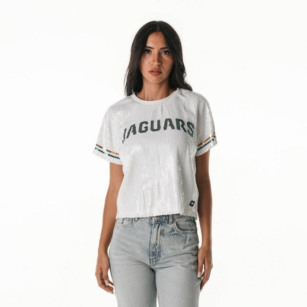 Jacksonville Jaguars The Wild Collective Women's Rhinestone Sequin Cropped T-Shirt White - NFL