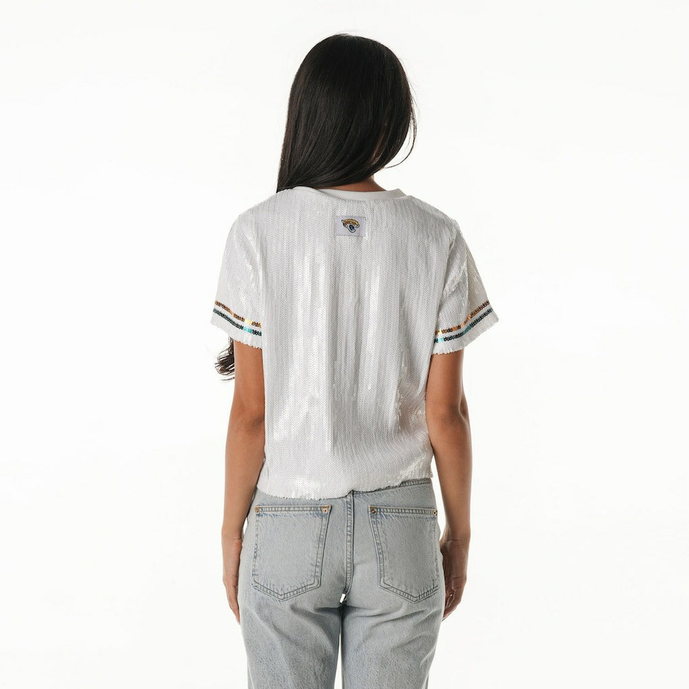 Jacksonville Jaguars The Wild Collective Women's Rhinestone Sequin Cropped T-Shirt White - NFL
