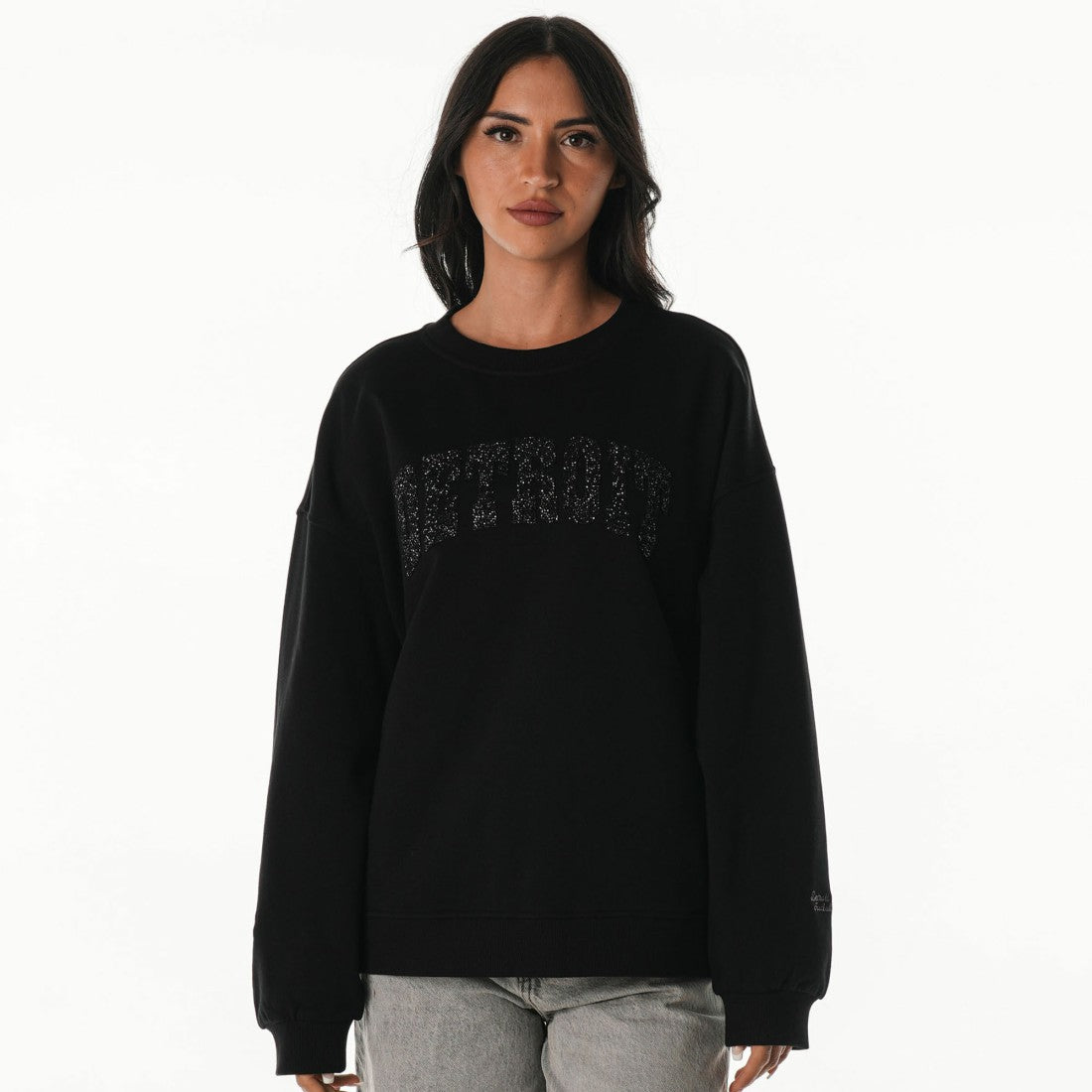Detroit Lions The Wild Collective Women's Rock Crystal Oversized Crewneck Sweatshirt Black - NFL
