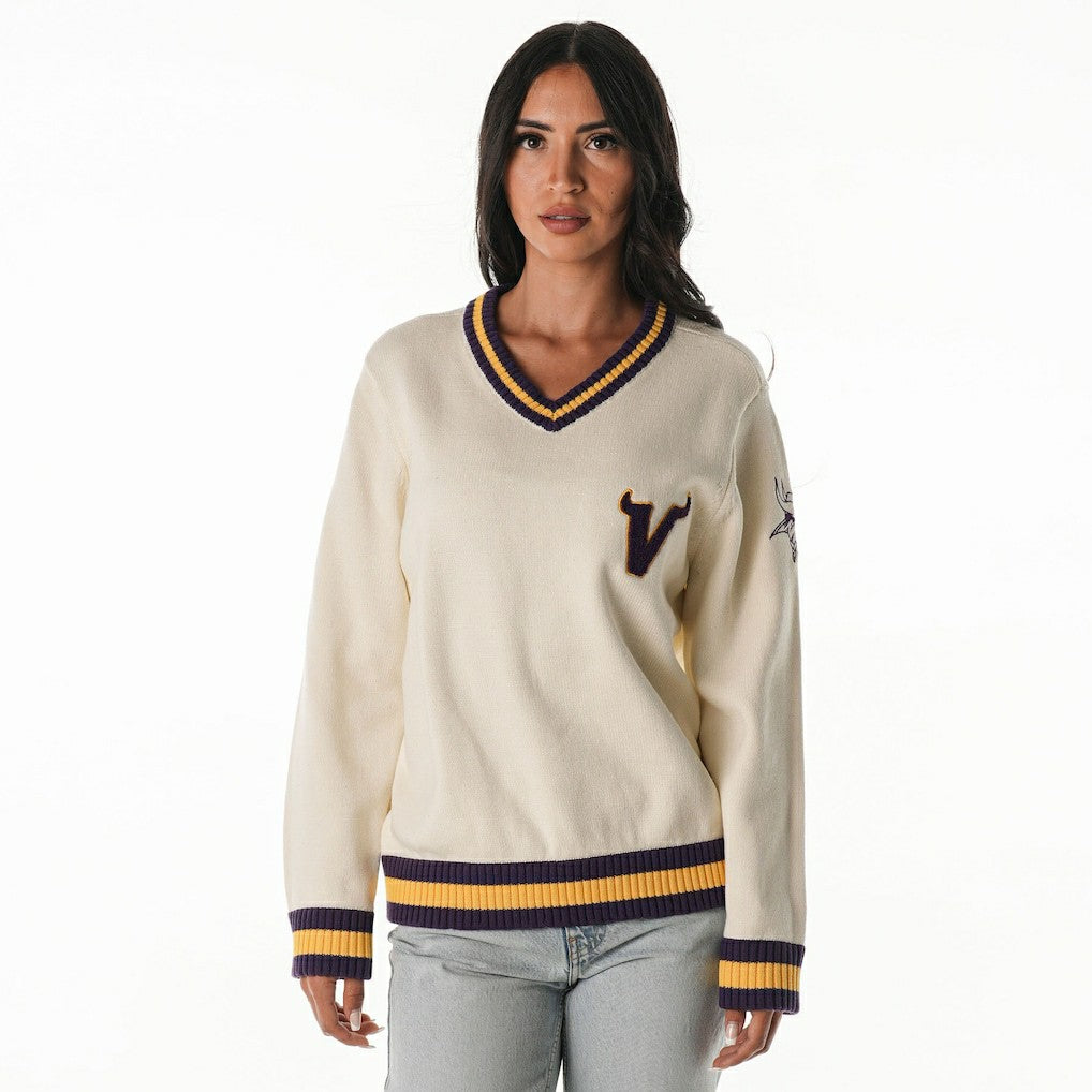 Minnesota Vikings The Wild Collective Women's Jacquard V-Neck Sweater Cream - NFL
