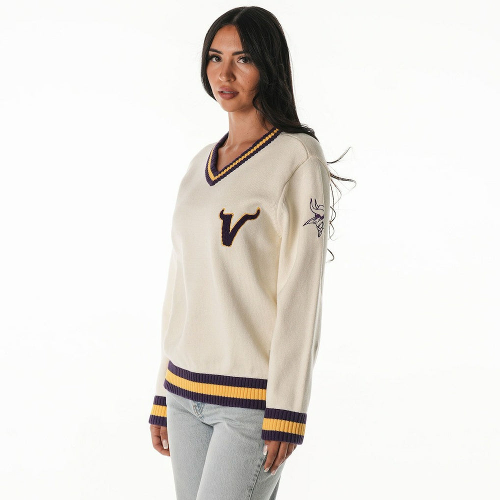 Minnesota Vikings The Wild Collective Women's Jacquard V-Neck Sweater Cream - NFL