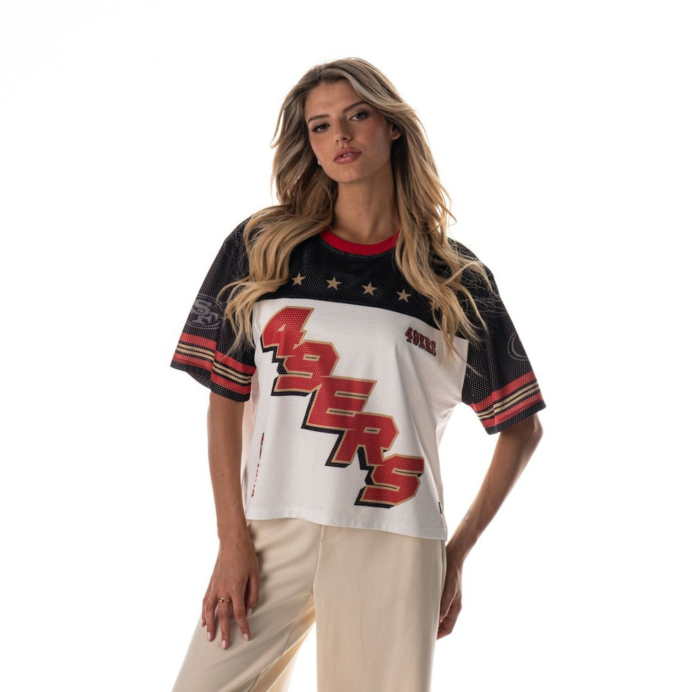 San Francisco 49ers The Wild Collective Women's Boxy Cropped Mesh T-Shirt White - NFL