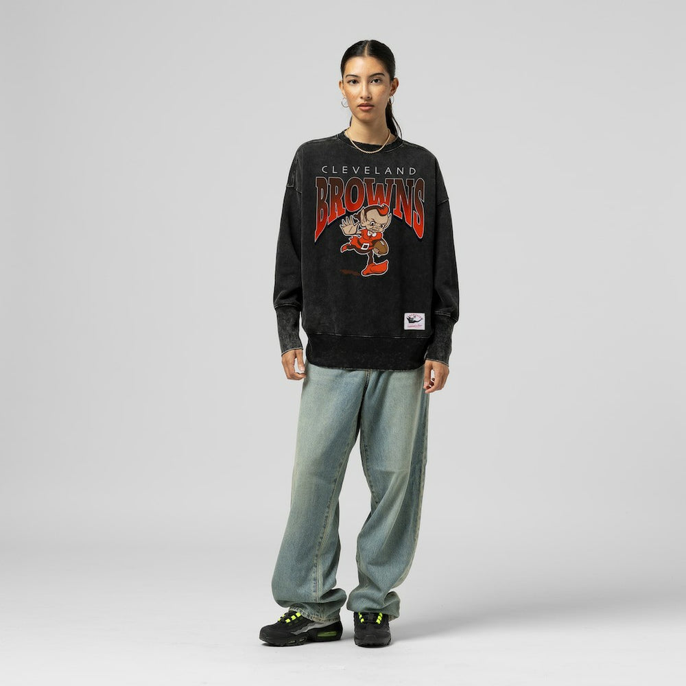 Cleveland Browns Women's Delineate Mineral Wash Crewneck Sweatshirt Black - Mitchell & Ness
