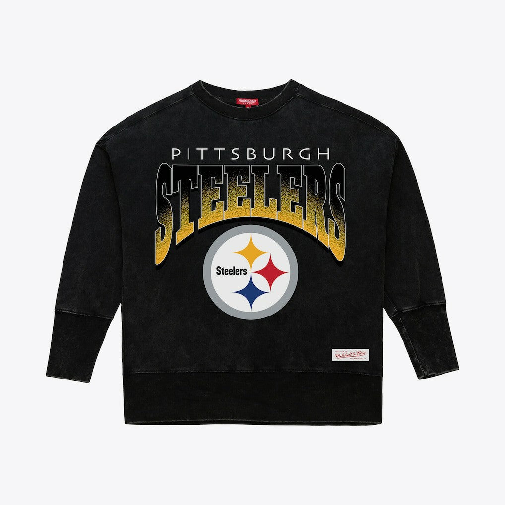 Pittsburgh Steelers Women's Delineate Mineral Wash Crewneck Sweatshirt Black - Mitchell & Ness