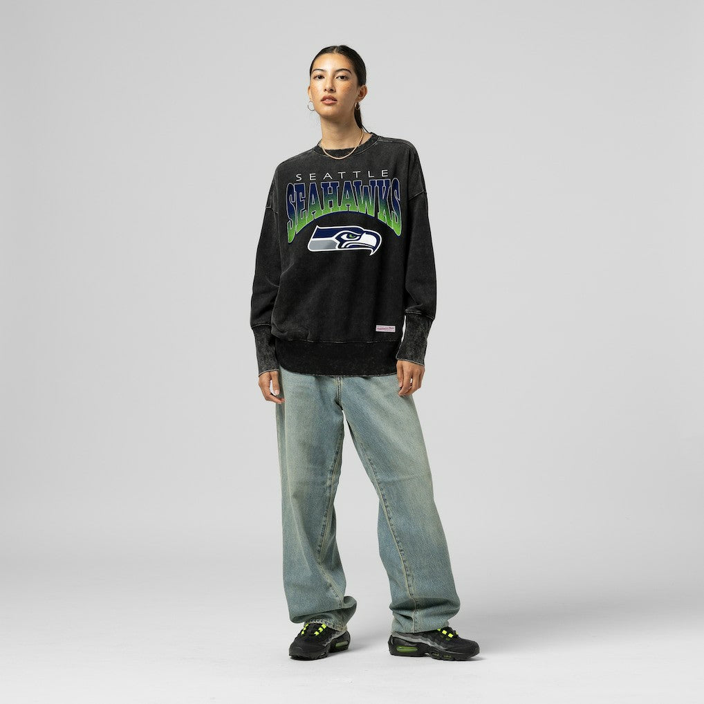 Seattle Seahawks Women's Delineate Mineral Wash Crewneck Sweatshirt Black - Mitchell & Ness