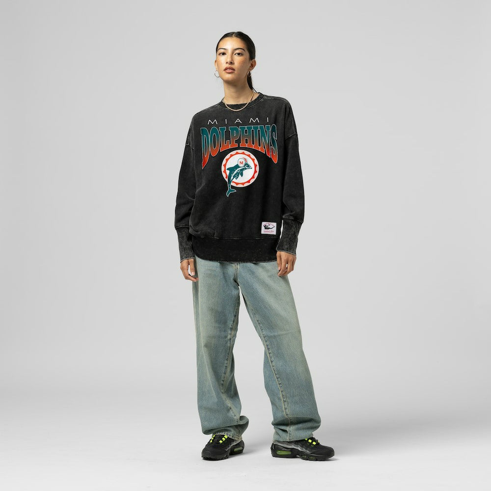 Miami Dolphins Women's Delineate Mineral Wash Crewneck Sweatshirt Black - Mitchell & Ness