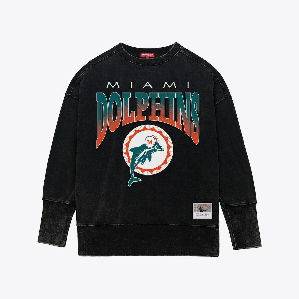 Miami Dolphins Women's Delineate Mineral Wash Crewneck Sweatshirt Black - Mitchell & Ness