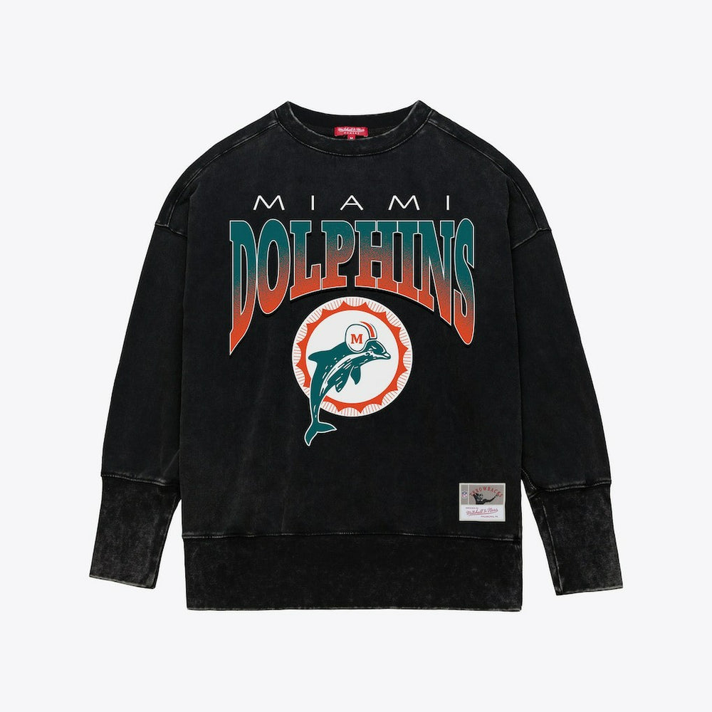 Miami Dolphins Women's Delineate Mineral Wash Crewneck Sweatshirt Black - Mitchell & Ness