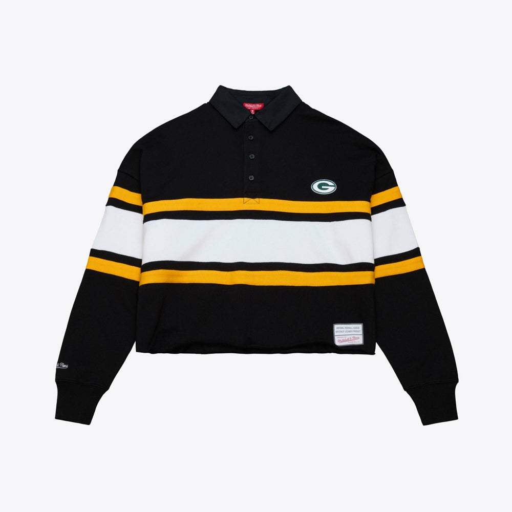 Green Bay Packers Women's Cropped Long Sleeve Rugby Polo Black - Mitchell & Ness