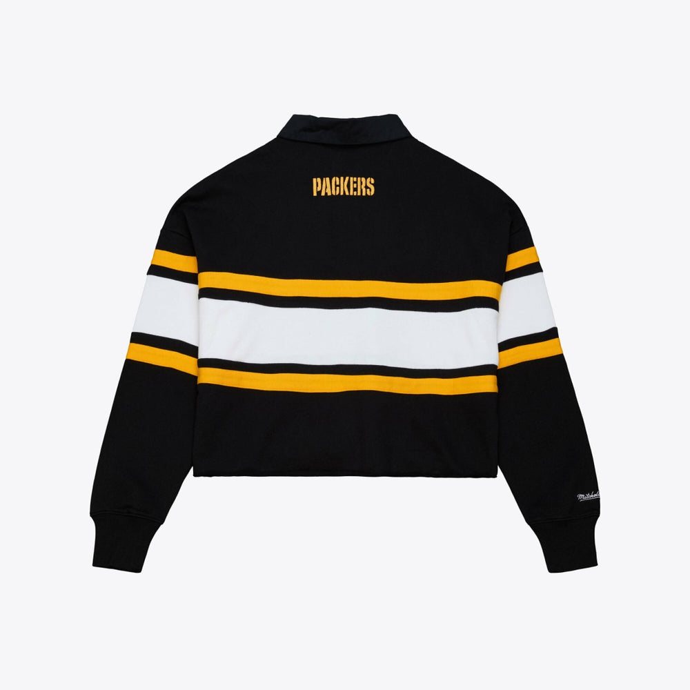 Green Bay Packers Women's Cropped Long Sleeve Rugby Polo Black - Mitchell & Ness
