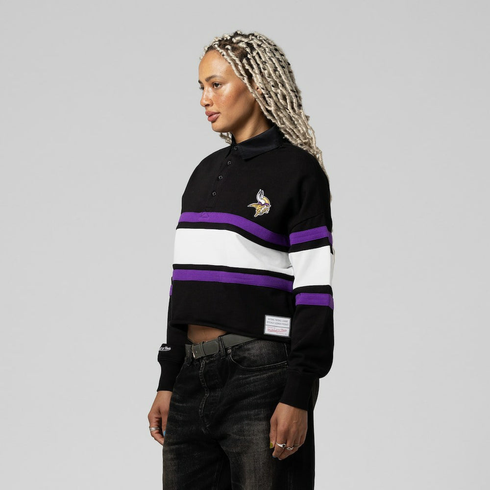 Minnesota Vikings Women's Cropped Long Sleeve Rugby Polo Black - Mitchell & Ness