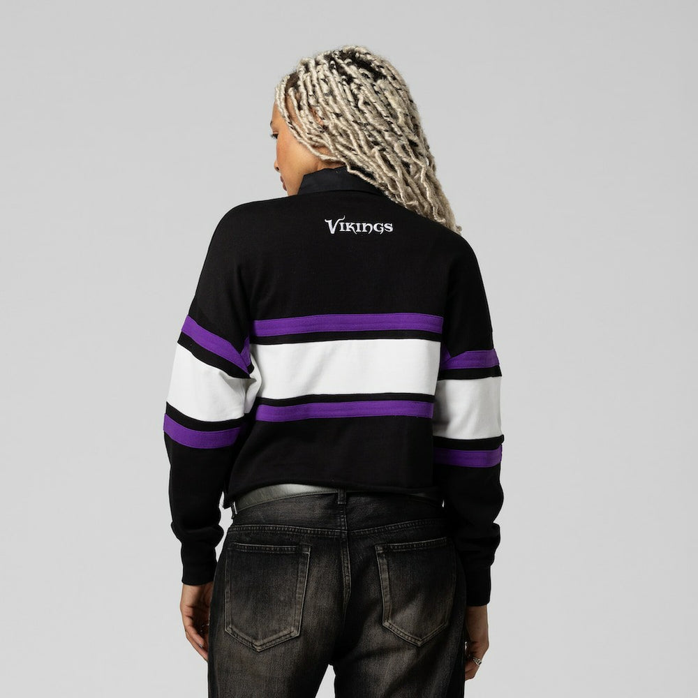 Minnesota Vikings Women's Cropped Long Sleeve Rugby Polo Black - Mitchell & Ness