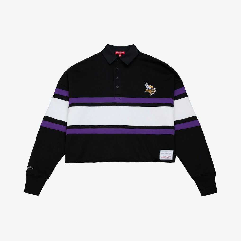 Minnesota Vikings Women's Cropped Long Sleeve Rugby Polo Black - Mitchell & Ness