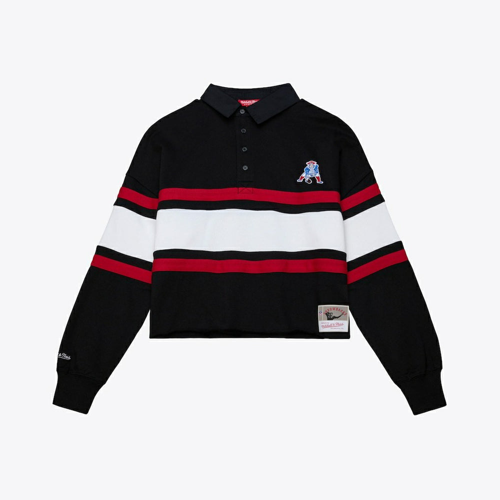 New England Patriots Women's Throwback Cropped Long Sleeve Rugby Polo Black - Mitchell & Ness