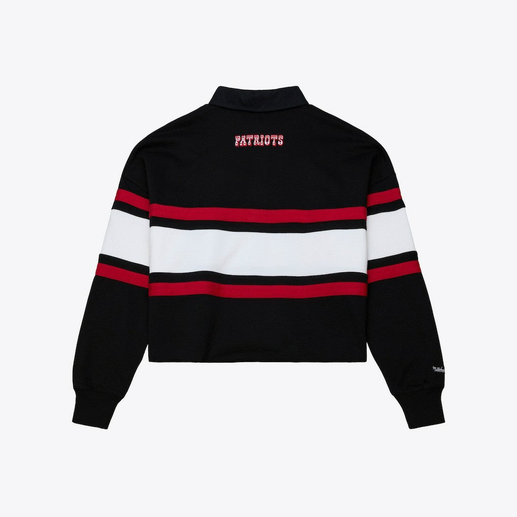 New England Patriots Women's Throwback Cropped Long Sleeve Rugby Polo Black - Mitchell & Ness