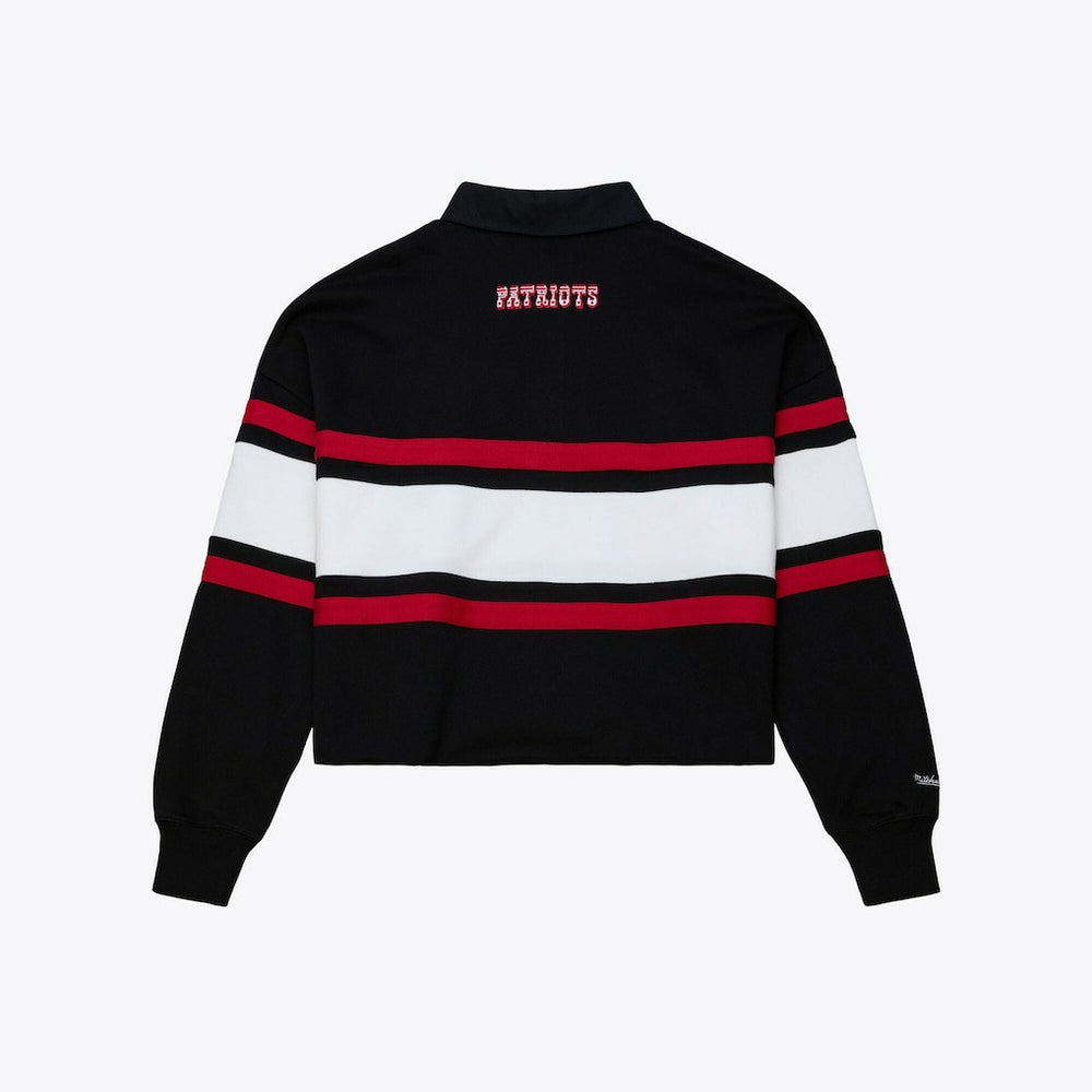 New England Patriots Women's Throwback Cropped Long Sleeve Rugby Polo Black - Mitchell & Ness