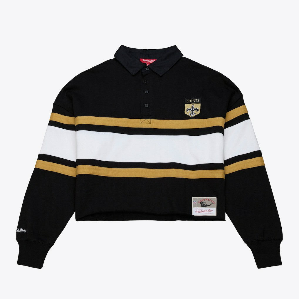 New Orleans Saints Women's Cropped Long Sleeve Rugby Polo Black - Mitchell & Ness