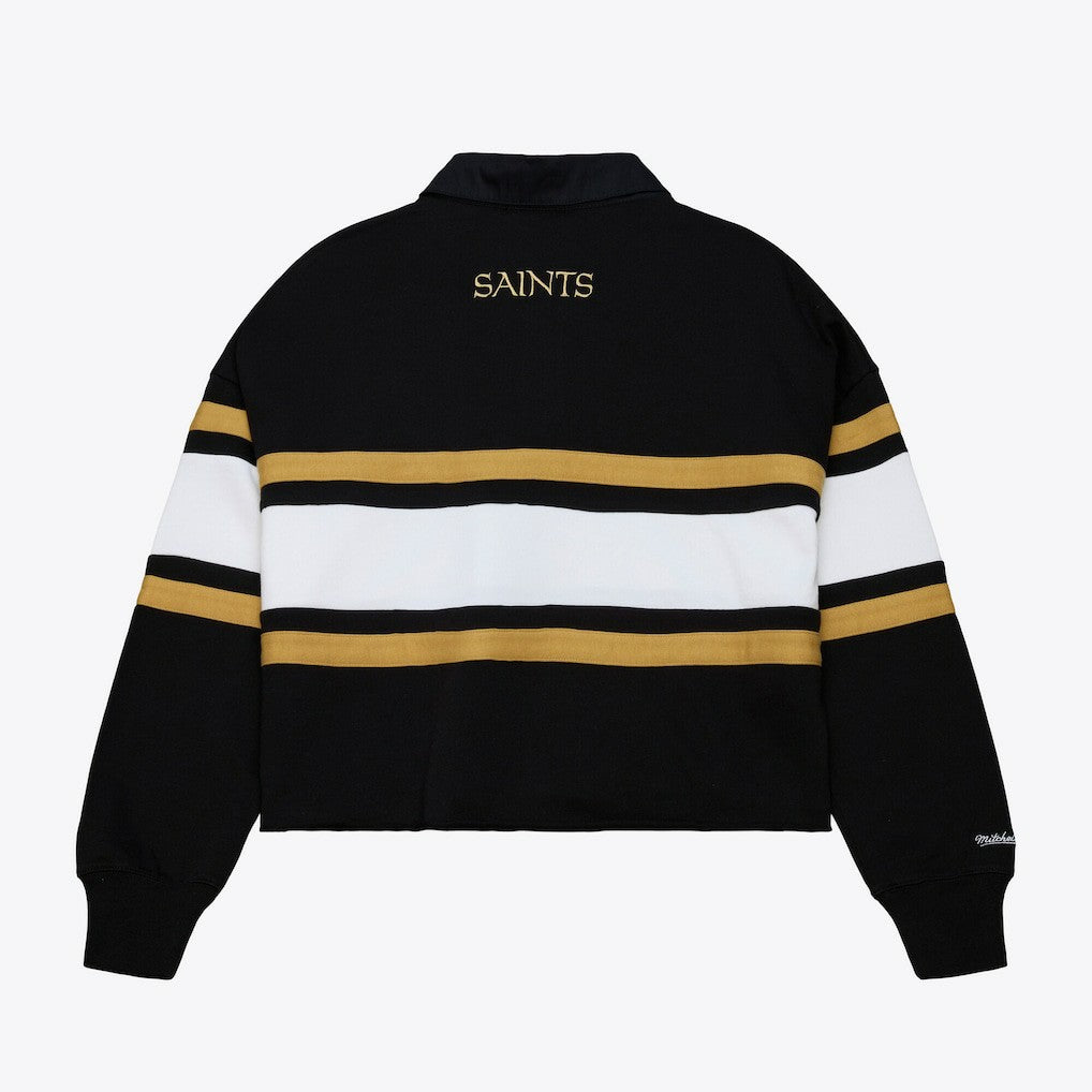 New Orleans Saints Women's Cropped Long Sleeve Rugby Polo Black - Mitchell & Ness