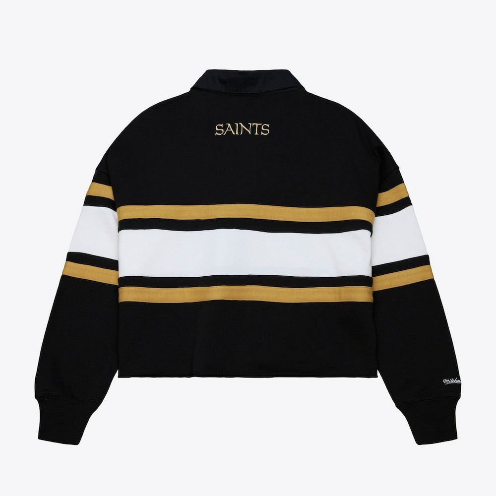 New Orleans Saints Women's Cropped Long Sleeve Rugby Polo Black - Mitchell & Ness