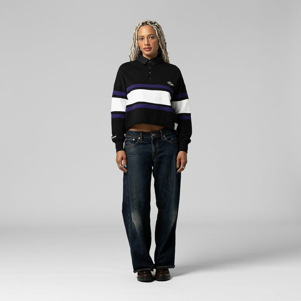 Baltimore Ravens Women's Cropped Long Sleeve Rugby Polo Black - Mitchell & Ness