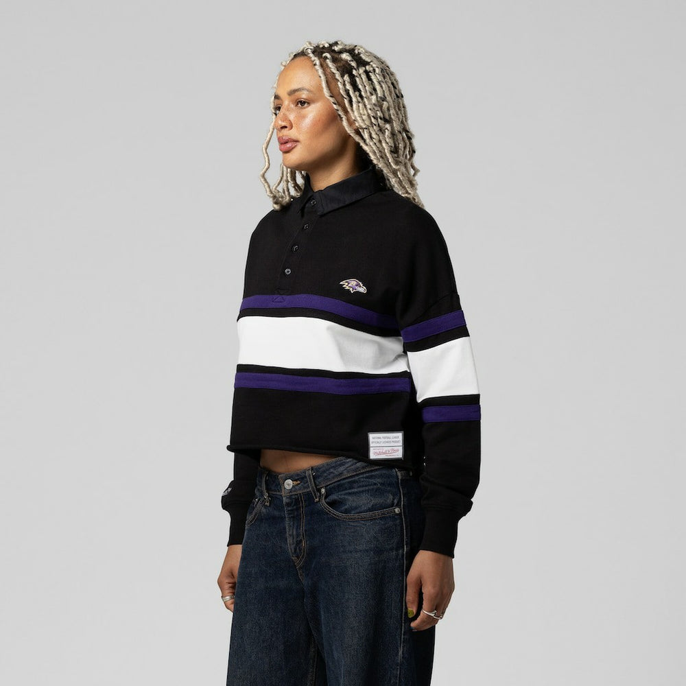 Baltimore Ravens Women's Cropped Long Sleeve Rugby Polo Black - Mitchell & Ness