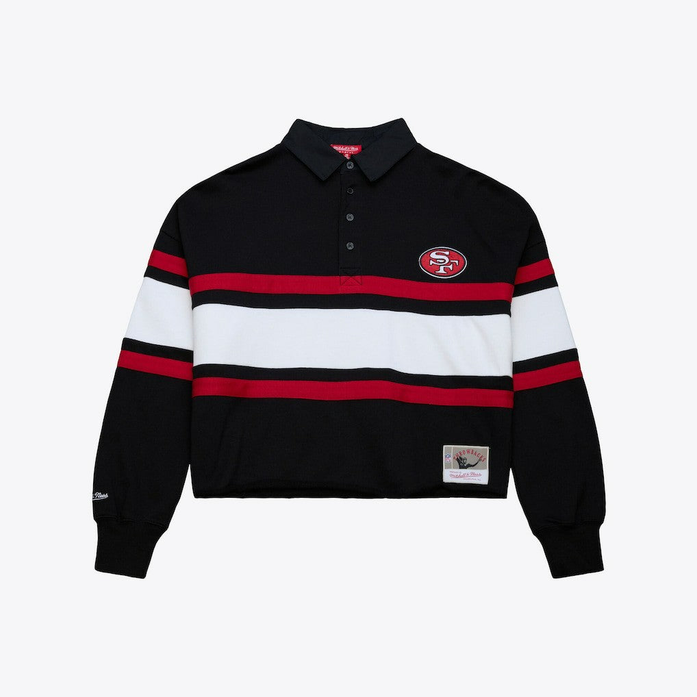 San Francisco 49ers Women's Cropped Long Sleeve Rugby Polo Black - Mitchell & Ness