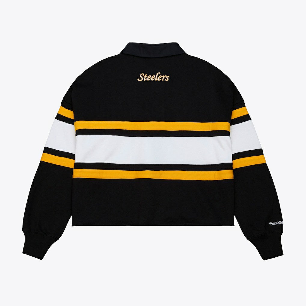 Pittsburgh Steelers Women's Cropped Long Sleeve Rugby Polo Black - Mitchell & Ness