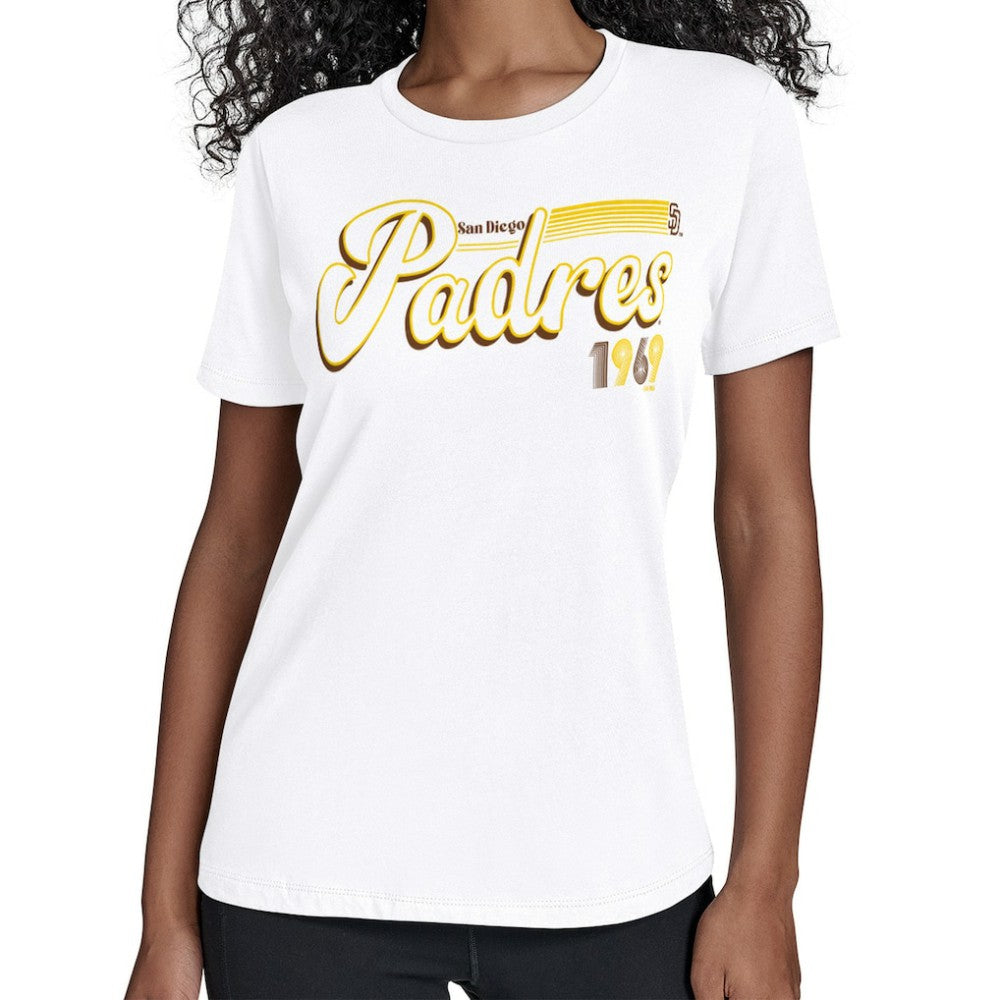 San Diego Padres Starter Women's Groovy Script Team Fitted T-Shirt On Sale