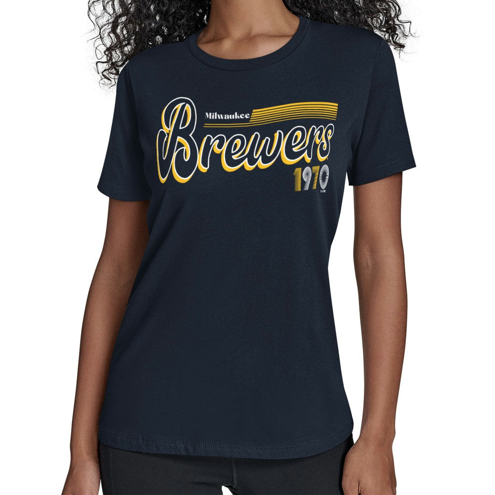 Milwaukee Brewers Starter Women's Groovy Script Team Fitted T-Shirt for sale