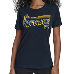 Milwaukee Brewers Starter Women's Groovy Script Team Fitted T-Shirt for sale
