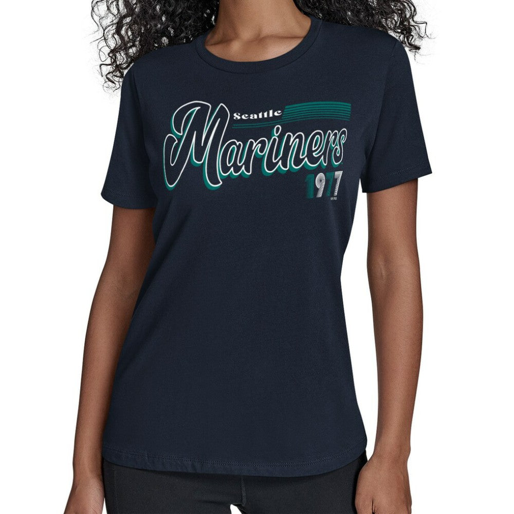 Seattle Mariners Starter Women's Groovy Script Team Fitted T-Shirt On Sale