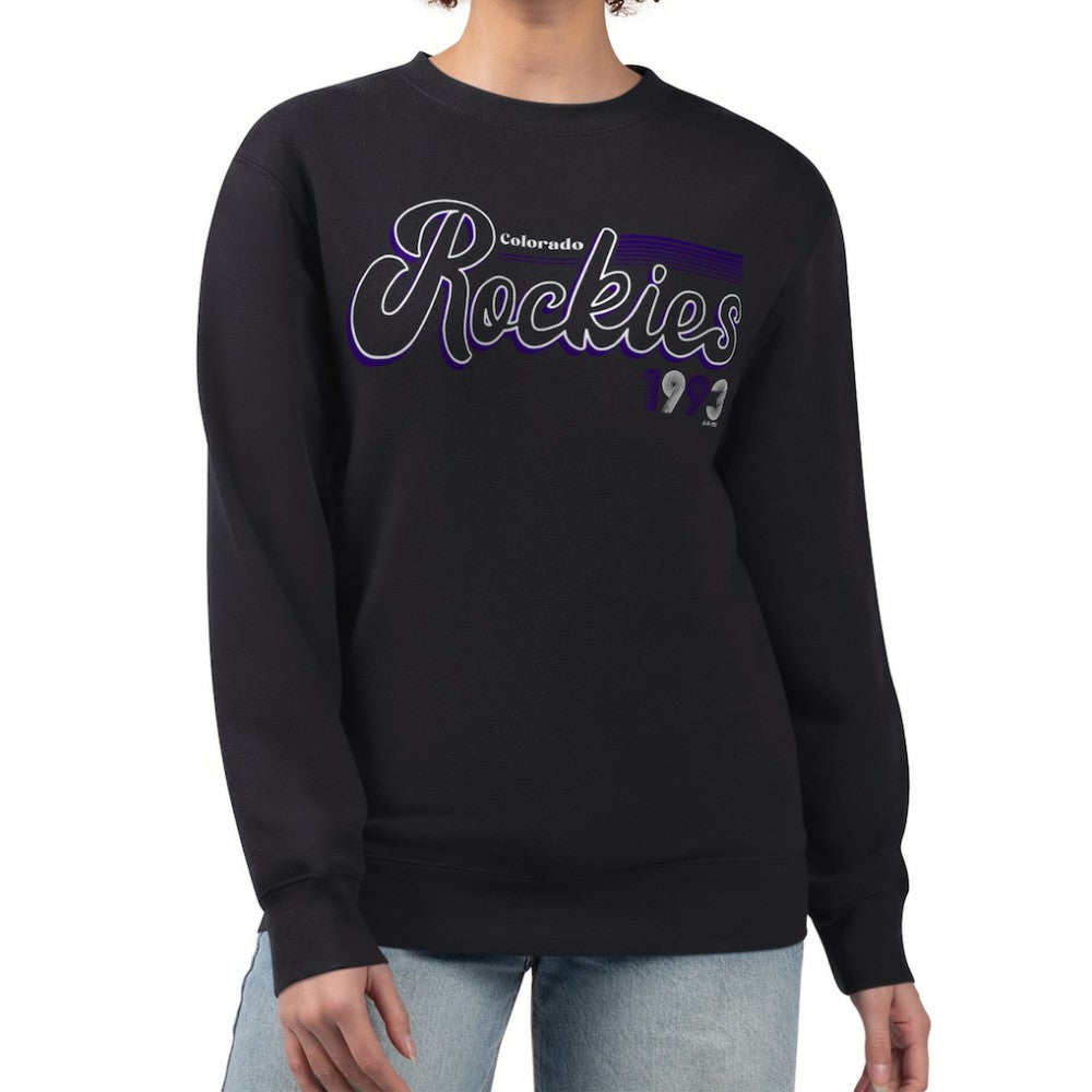 Colorado Rockies Starter Women's Groovy Script Team Fleece Pullover Sweatshirt Online