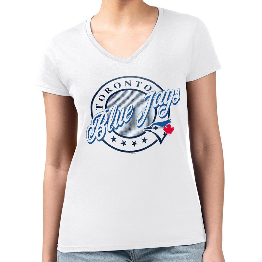 Toronto Blue Jays G-III 4Her by Carl Banks Women's Super-Slim Fit Lightweight Pinstripe Circle V-Neck T-Shirt Online